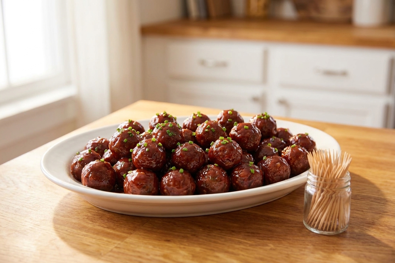 A white serving platter piled with glossy grape jelly meatballs, toothpicks nearby, on a warm kitchen table with soft natural light