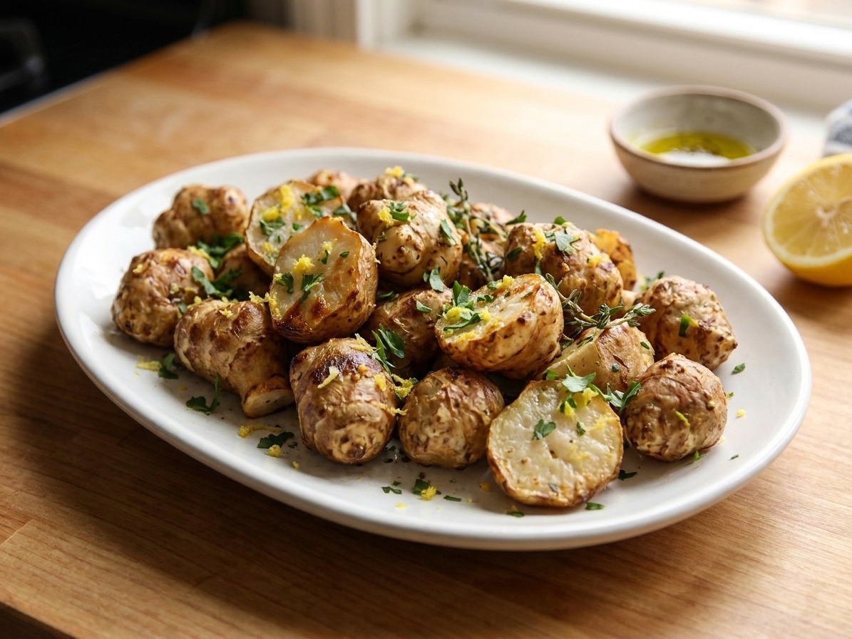 A white serving platter piled with golden roasted sunchokes, speckled with herbs and lemon zest, set on a kitchen table
