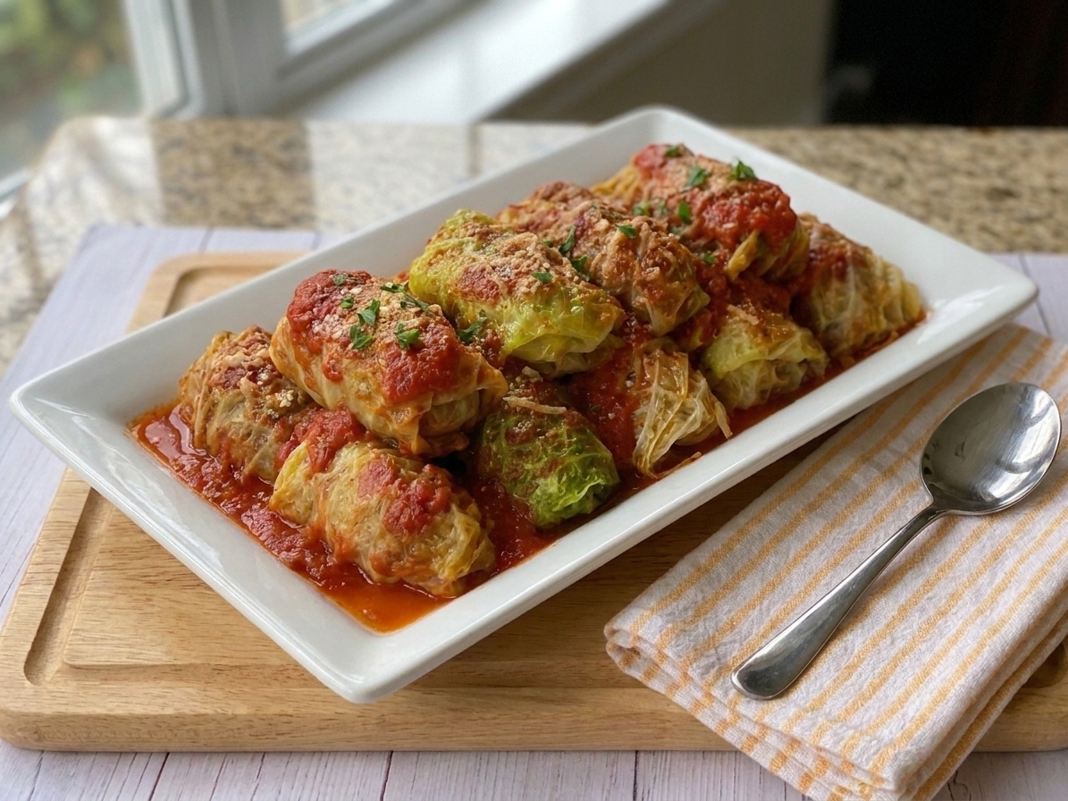 A white serving platter piled with stuffed cabbage rolls coated in tomato sauce, set on a wooden table with a simple linen napkin and spoon