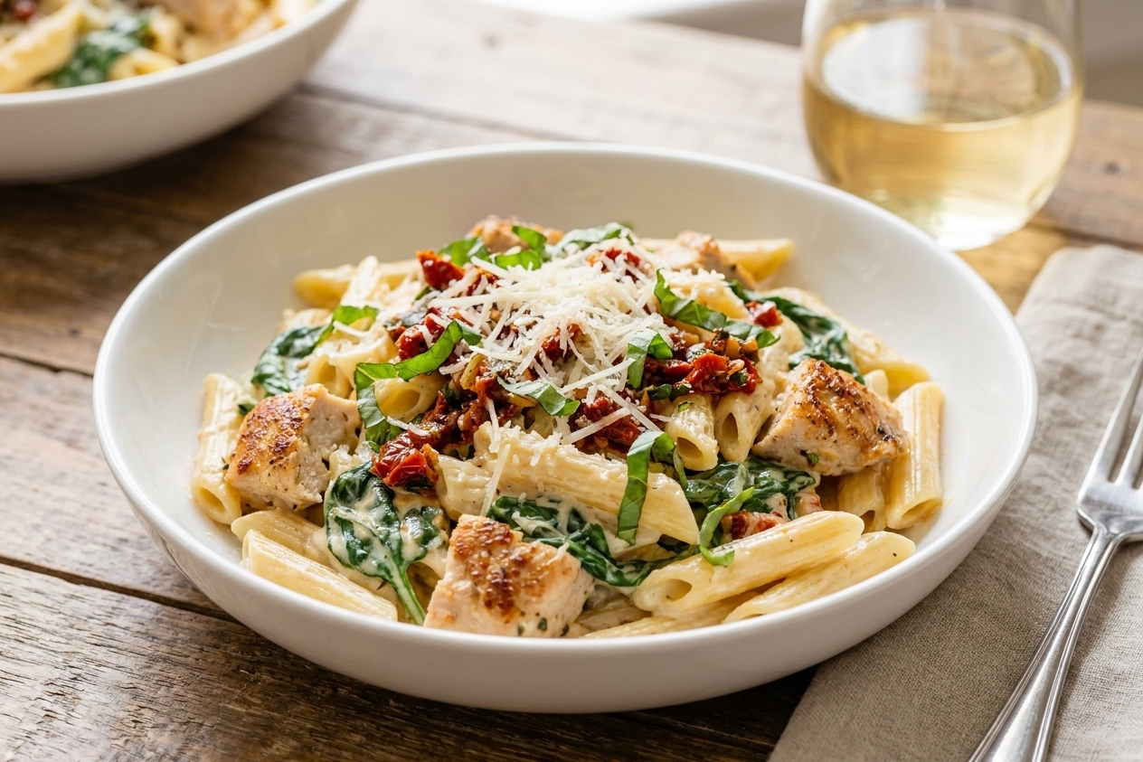 A white shallow bowl of creamy Tuscan chicken pasta with spinach and sun-dried tomatoes, topped with grated Parmesan on a rustic wooden table with soft natural window light