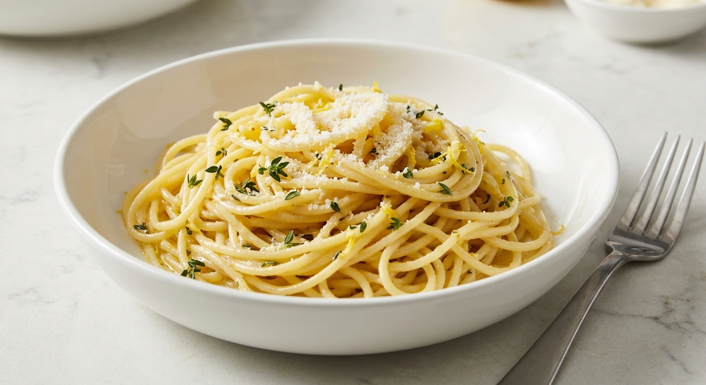A white shallow bowl of spaghetti coated in glossy thyme butter sauce with lemon zest and grated Parmesan on top, set on a light stone countertop with a fork beside it