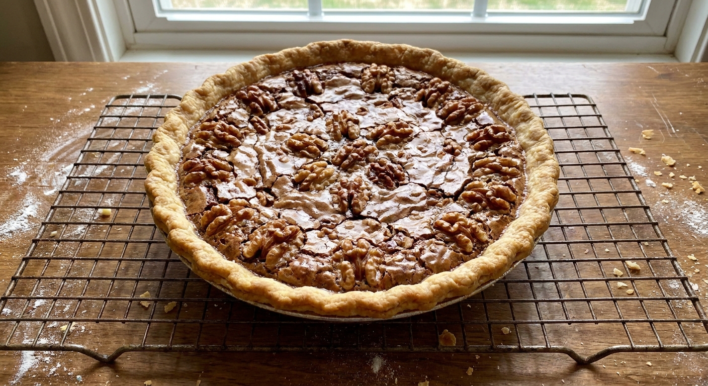 A whole Kentucky chocolate walnut pie cooling on a wire rack with a golden crust and shiny, crackled chocolate-walnut top, photographed from slightly overhead