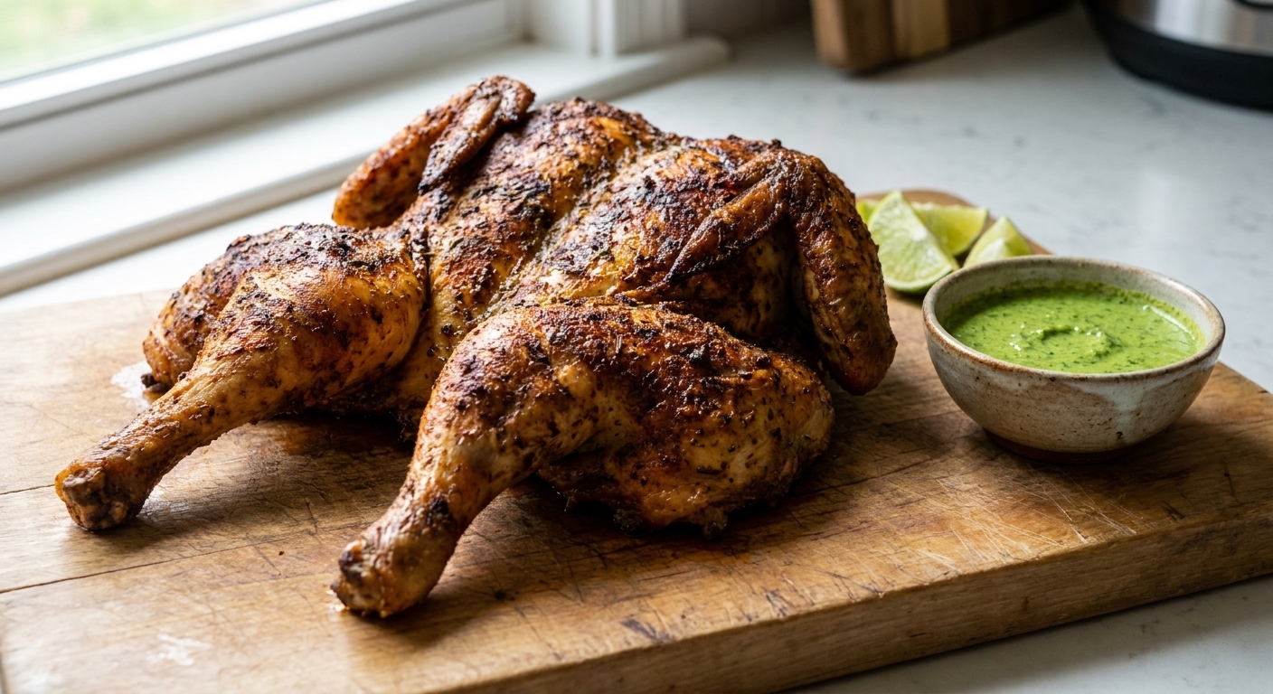 A whole Peruvian-style roasted chicken with deeply browned, crispy skin resting on a cutting board, with a small bowl of bright green herb sauce and lime wedges nearby, natural window light, real food photography