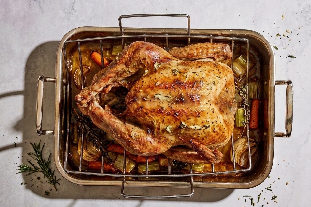 A whole baked turkey with deeply golden skin resting in a roasting pan with herbs and pan drippings on a kitchen counter