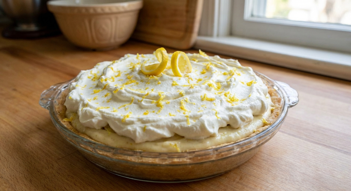 A whole banana cream pie in a glass pie dish topped with whipped cream swirls and lemon zest on a kitchen counter