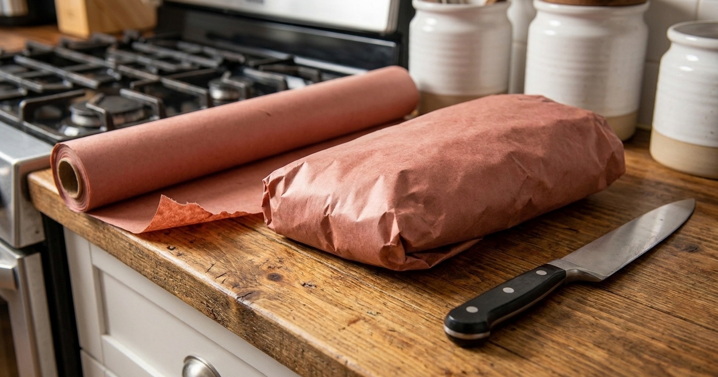 A whole beef brisket wrapped in pink butcher paper on a clean kitchen counter next to a roll of butcher paper and a chef's knife