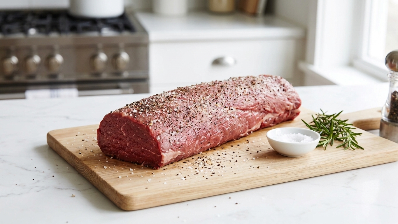 A whole beef tenderloin roast on a cutting board, patted dry and evenly coated with salt and black pepper in a home kitchen