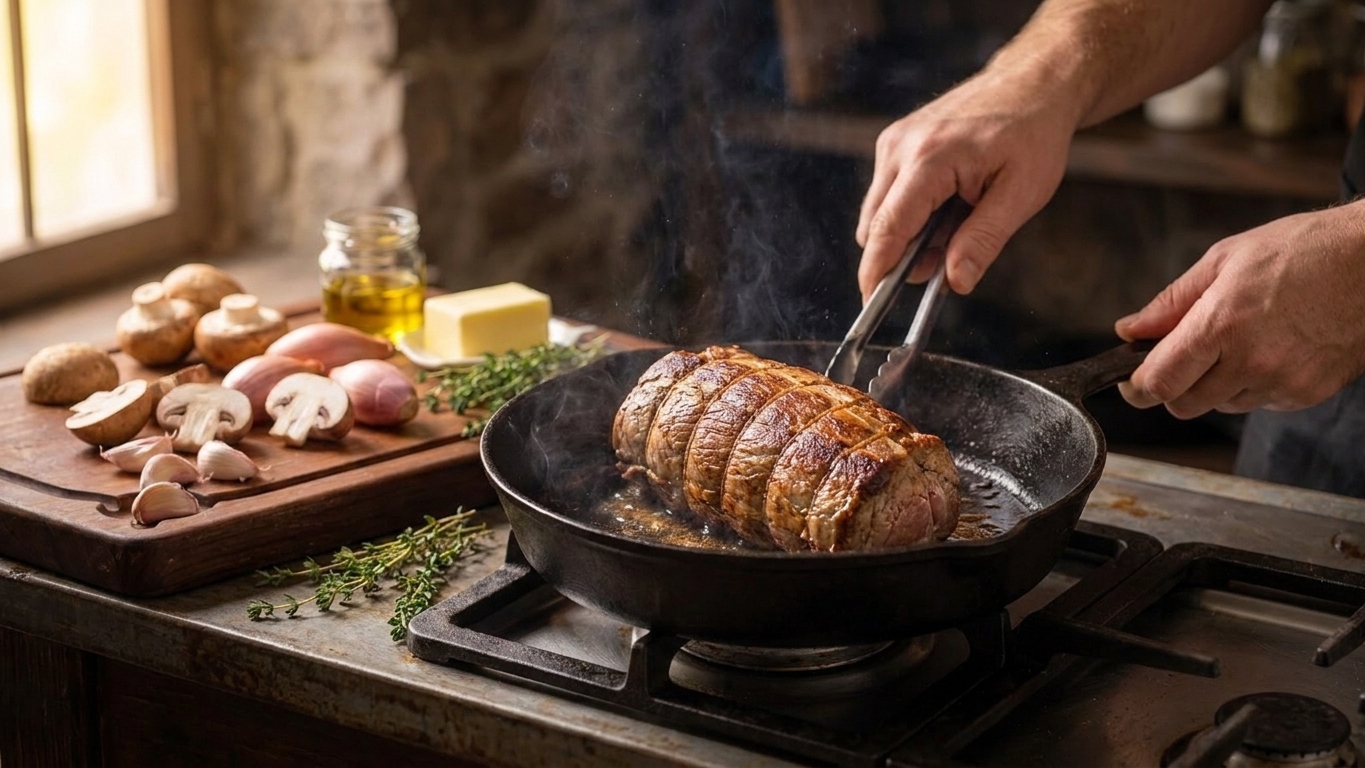 A whole beef tenderloin searing in a hot skillet on a stovetop, with a browned crust forming on the meat
