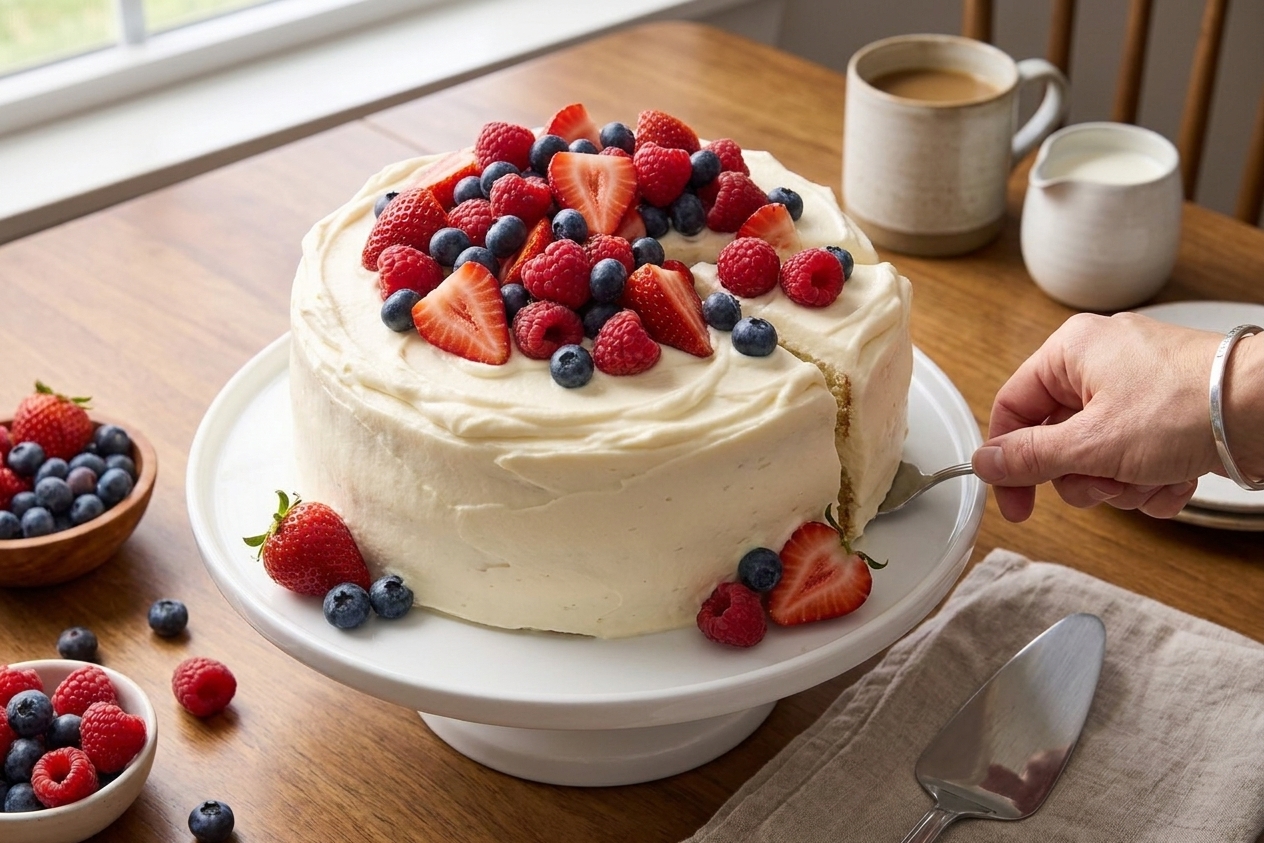A whole berry Chantilly cake frosted in white mascarpone cream and topped with strawberries, blueberries, and raspberries on a simple cake stand at a dining table