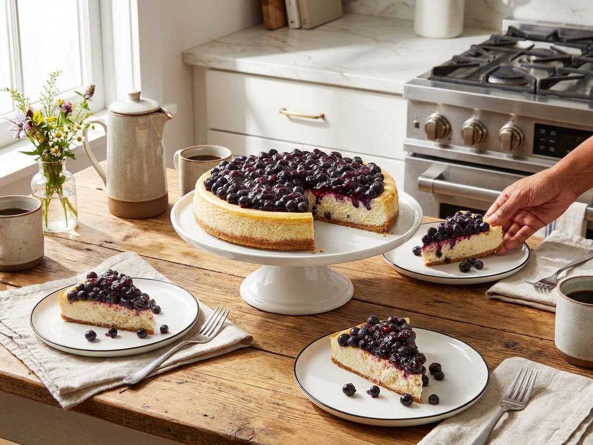 A whole blueberry cheesecake on a cake stand with blueberry topping, sliced pieces on plates, and a simple family-style table setting in a bright kitchen