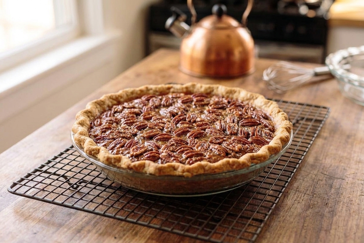 A whole bourbon pecan pie cooling on a wire rack with the surface glossy and pecans toasted, set on a wooden counter