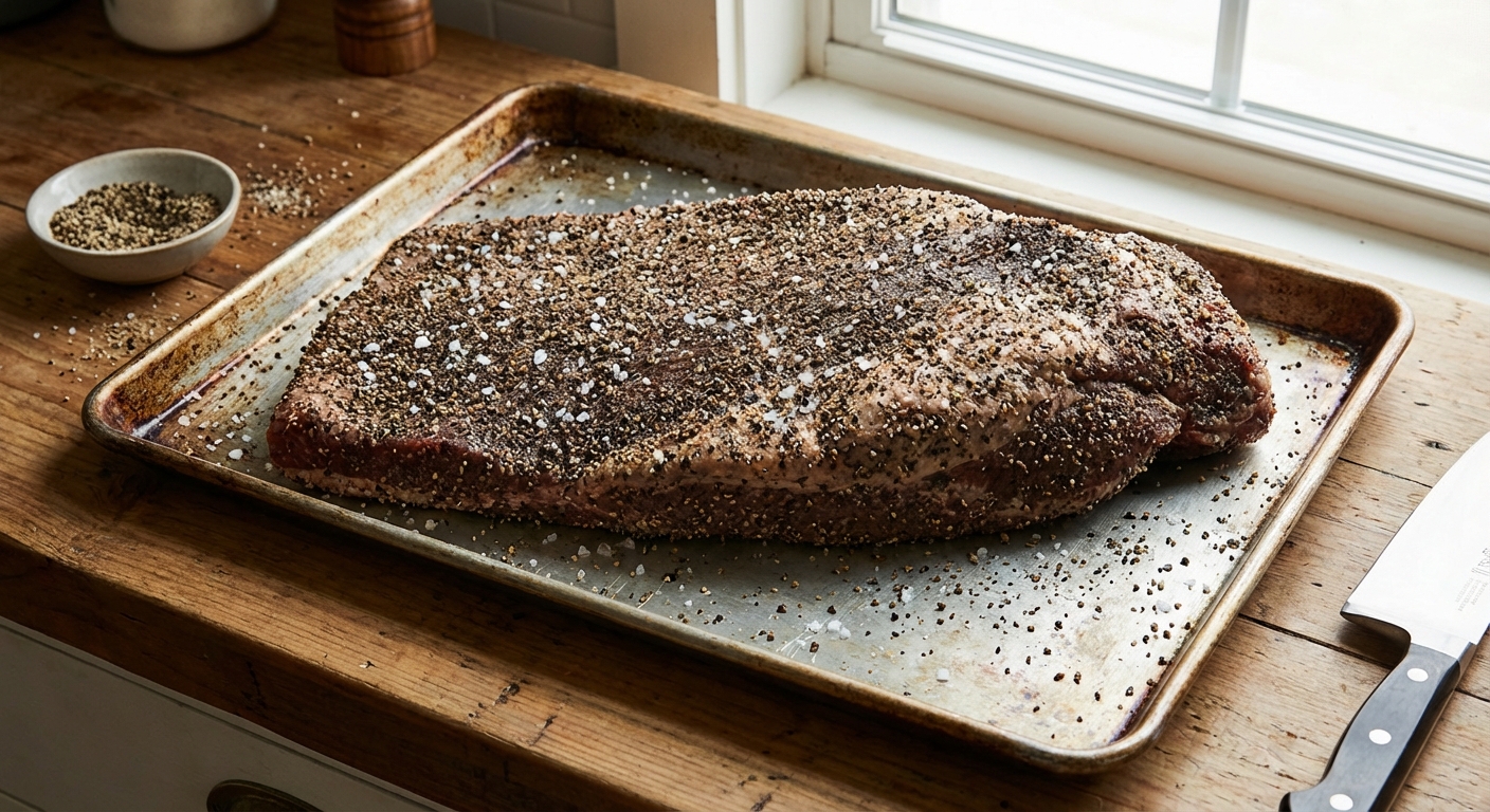 A whole brisket on a sheet pan coated evenly with coarse black pepper and salt rub