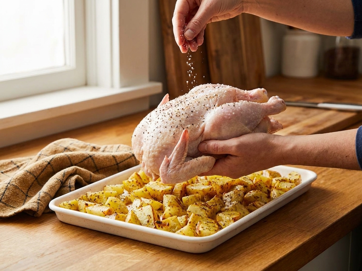 A whole chicken being seasoned with salt and pepper over a pan of potatoes in a warm home kitchen