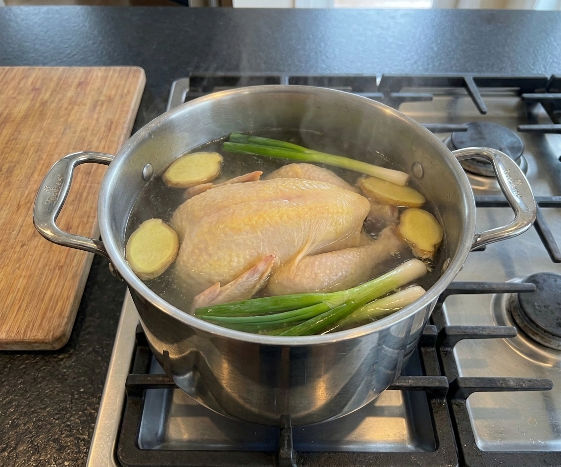 A whole chicken gently poaching in a large pot with ginger slices and scallions floating on the surface on a home stove