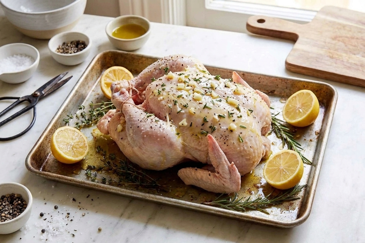 A whole chicken on a sheet pan coated in olive oil and sprinkled evenly with garlic, herbs, salt, and pepper on a warm kitchen counter