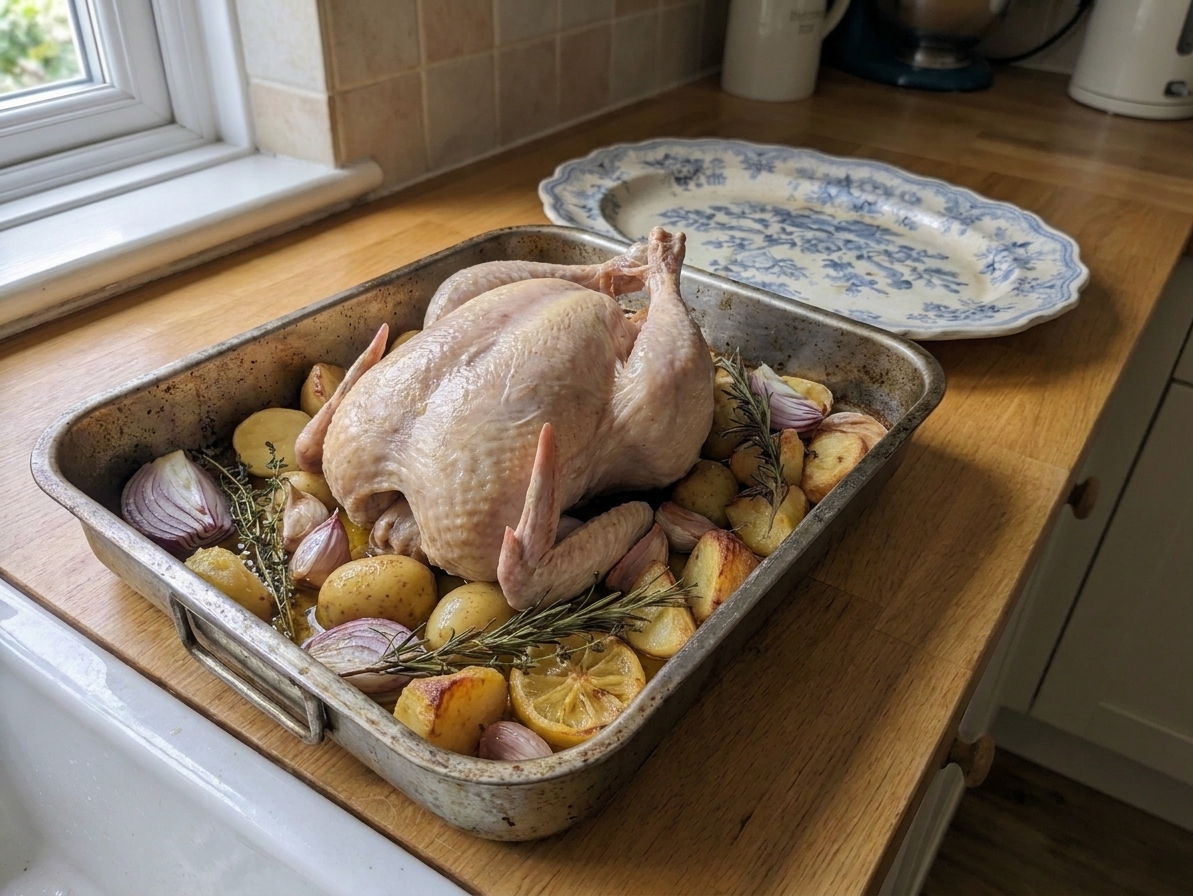 A whole chicken resting on top of halved baby potatoes and onion wedges in a roasting pan with garlic cloves and herb sprigs before baking