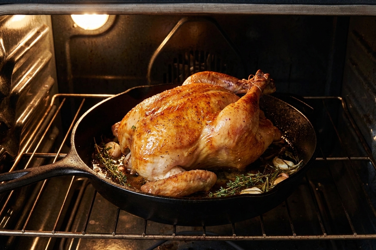 A whole chicken roasting breast-side-up in a cast iron skillet inside an oven, with golden skin beginning to brown and herbs scattered in the pan