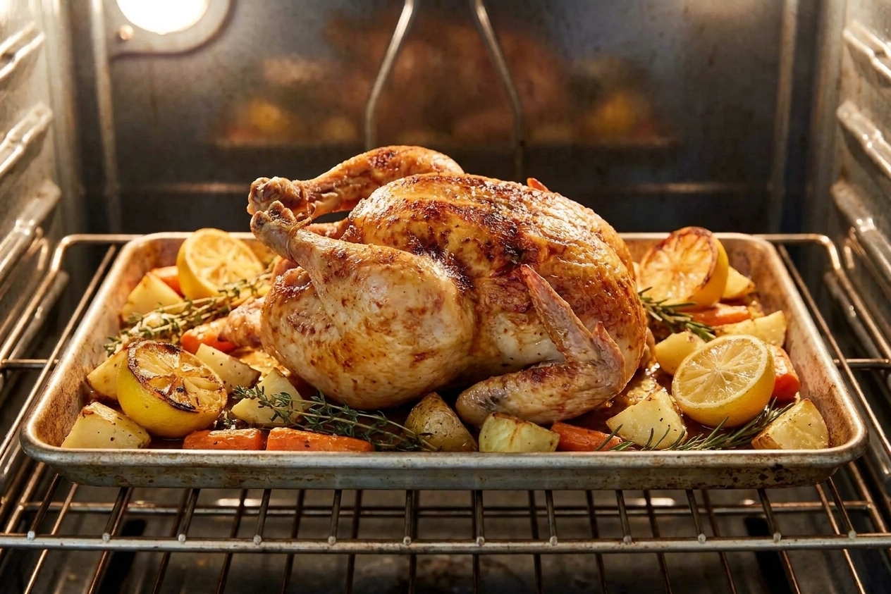 A whole chicken roasting in the oven on a sheet pan with potatoes and carrots, skin turning golden brown