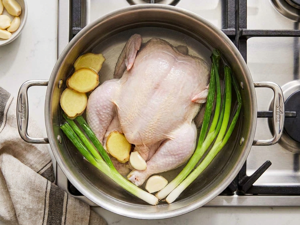 A whole chicken sitting in a large pot filled with water, sliced ginger, scallions, and garlic cloves floating around before cooking