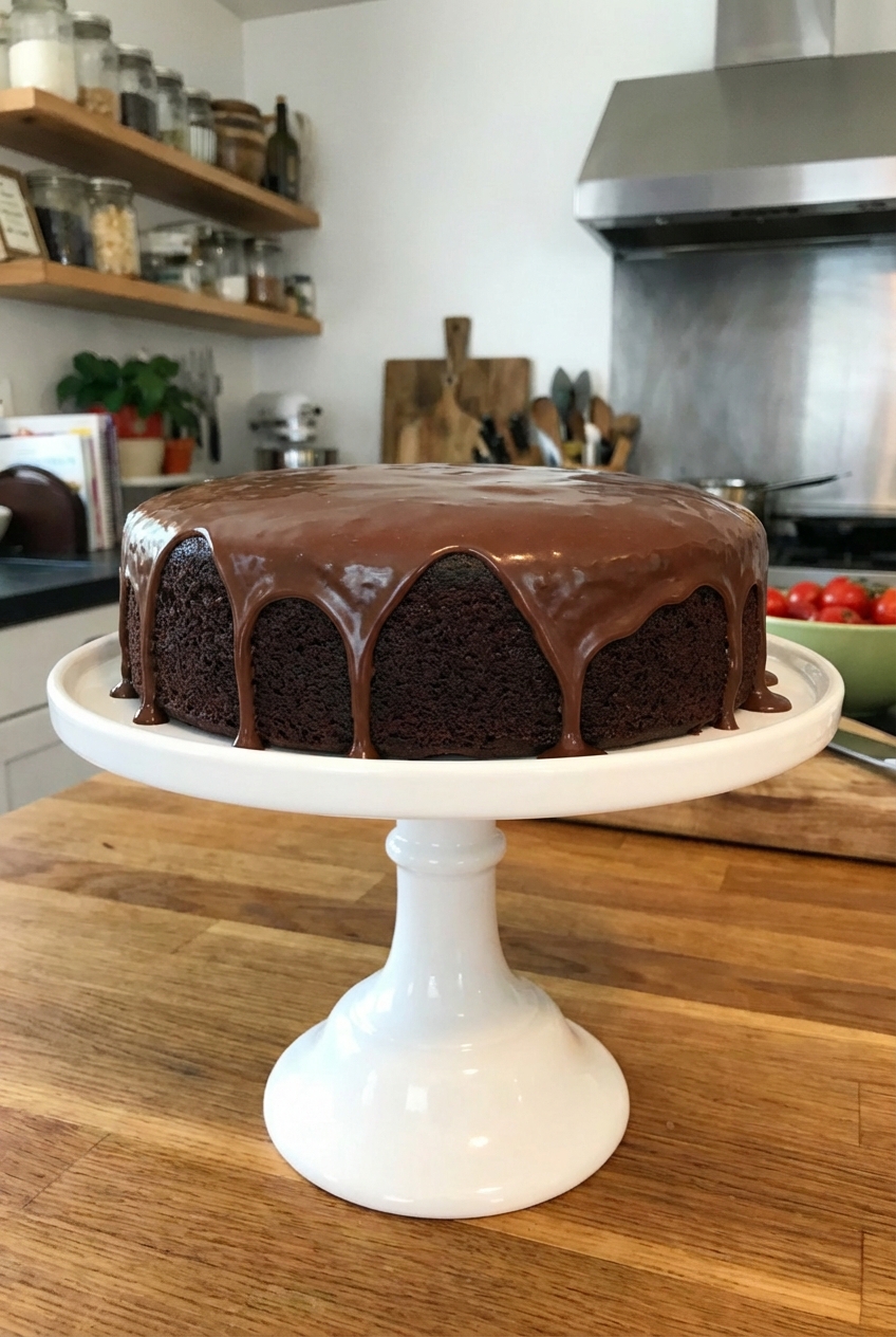 A whole chocolate butter cake on a cake stand with a smooth chocolate glaze dripping slightly down the sides
