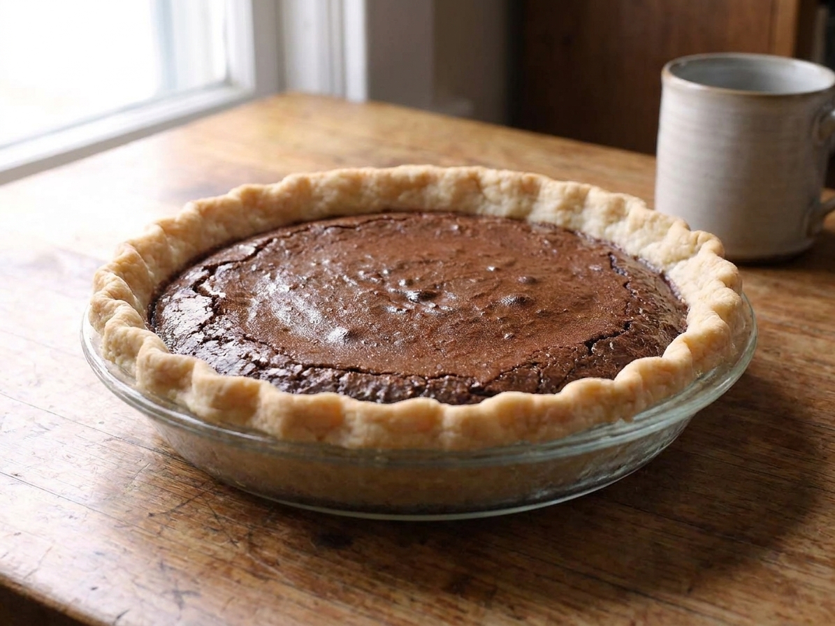 A whole chocolate chess pie in a glass pie dish on a wooden counter with a lightly crackled top and golden crust