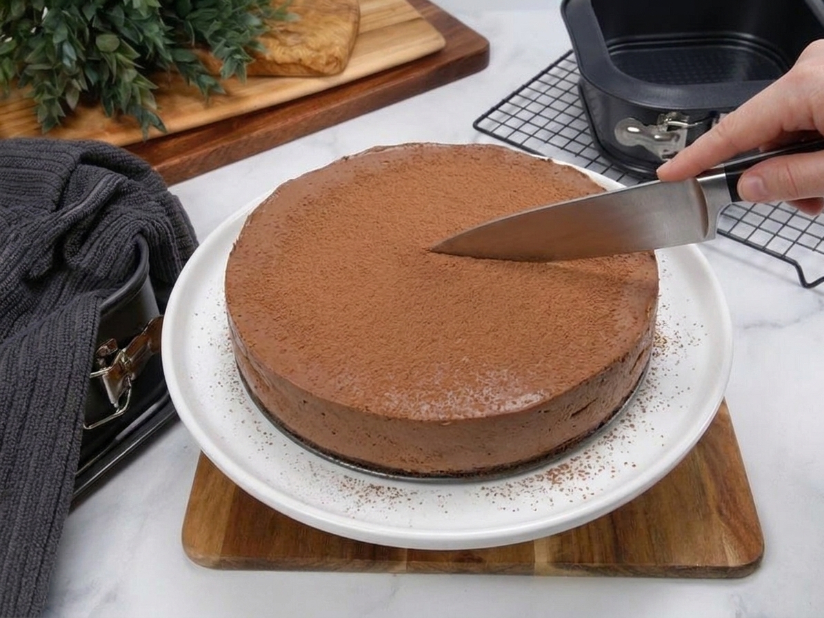 A whole chocolate mousse cake on a serving plate with a light dusting of cocoa powder on top, ready to be sliced