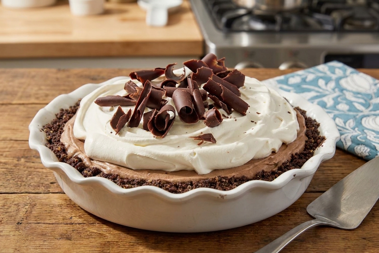A whole chocolate pudding pie topped with a thick layer of whipped cream and chocolate curls on a wooden table