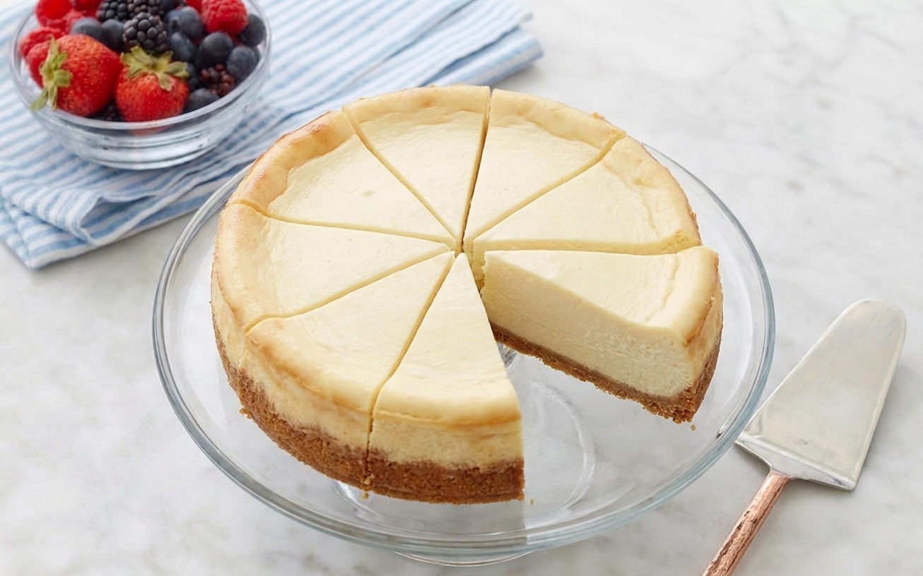 A whole classic cheesecake cut into neat slices on a simple cake stand with a few berries nearby