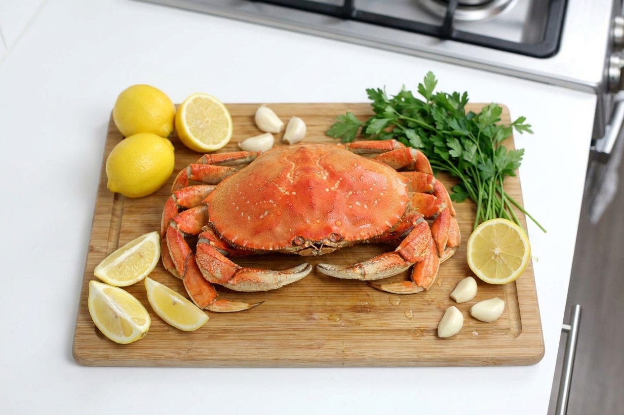 A whole cooked Dungeness crab with a bright orange-red shell resting on a cutting board next to lemon, garlic, and parsley on a simple home kitchen counter