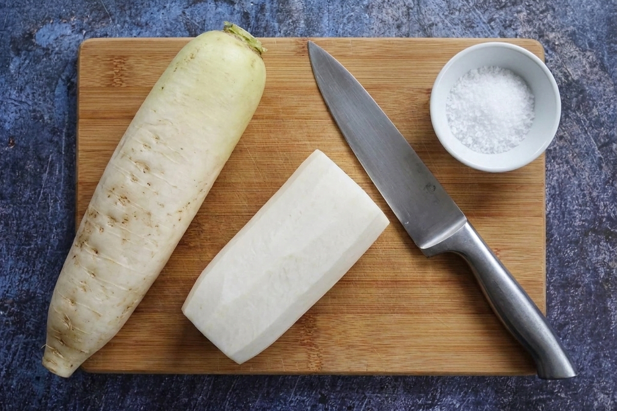 A whole daikon radish and a peeled section on a wooden cutting board with a chef's knife and a small bowl of salt nearby in a home kitchen