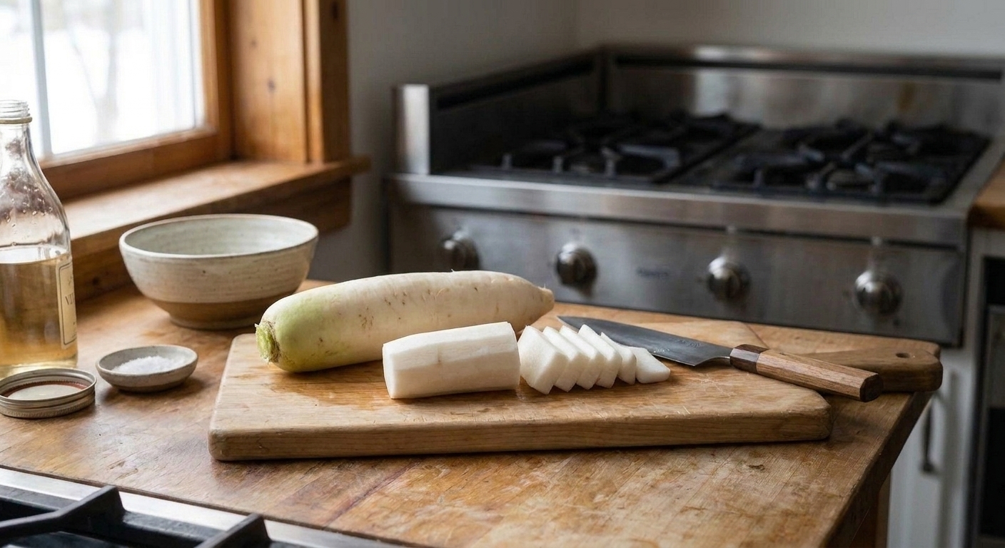 A whole daikon radish and a peeled section on a wooden cutting board with a chef's knife, ready to be sliced on a bright kitchen counter