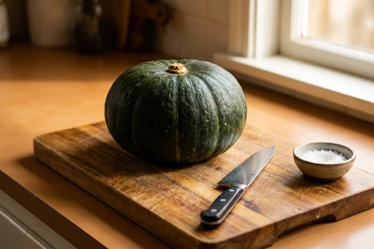 A whole dark green kabocha squash sitting on a wooden cutting board with a chef's knife and a small bowl of salt on a warm-lit kitchen counter