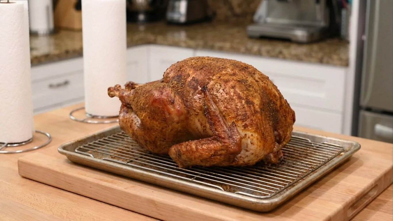 A whole dry rubbed turkey roasted to deep golden brown on a sheet pan with a roasting rack, resting on a wooden cutting board in a warm home kitchen