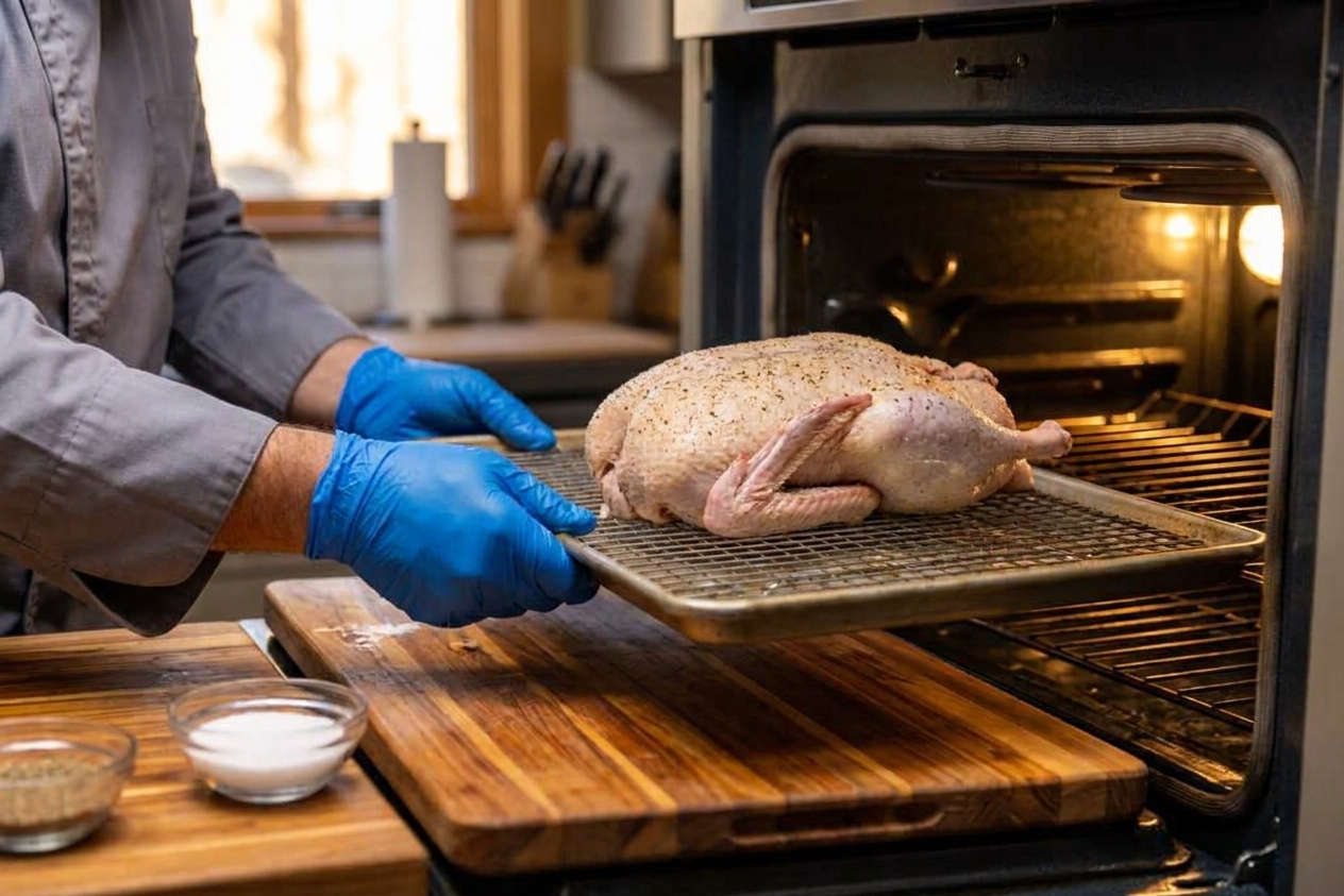 A whole duck on a wire rack over a rimmed baking sheet with water in the pan, ready to go into the oven