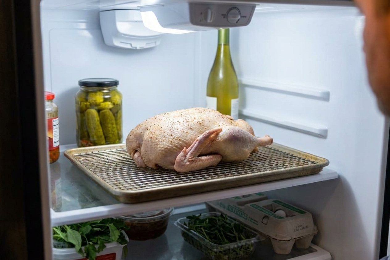 A whole duck resting breast-side up on a wire rack set over a rimmed baking sheet, uncovered in the refrigerator for air-drying