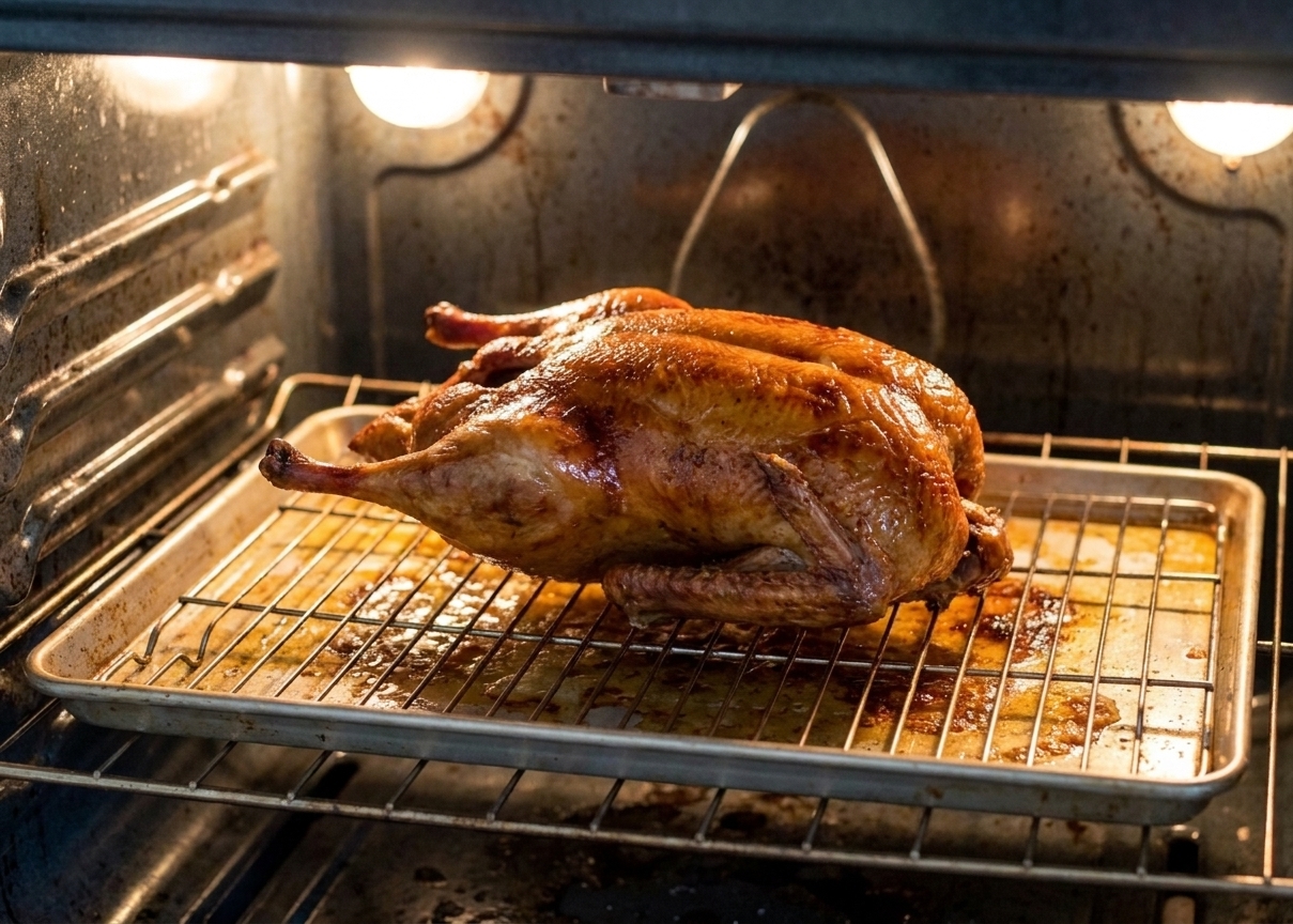 A whole duck roasting on a wire rack over a sheet pan in a home oven, with rendered fat collecting in the pan below