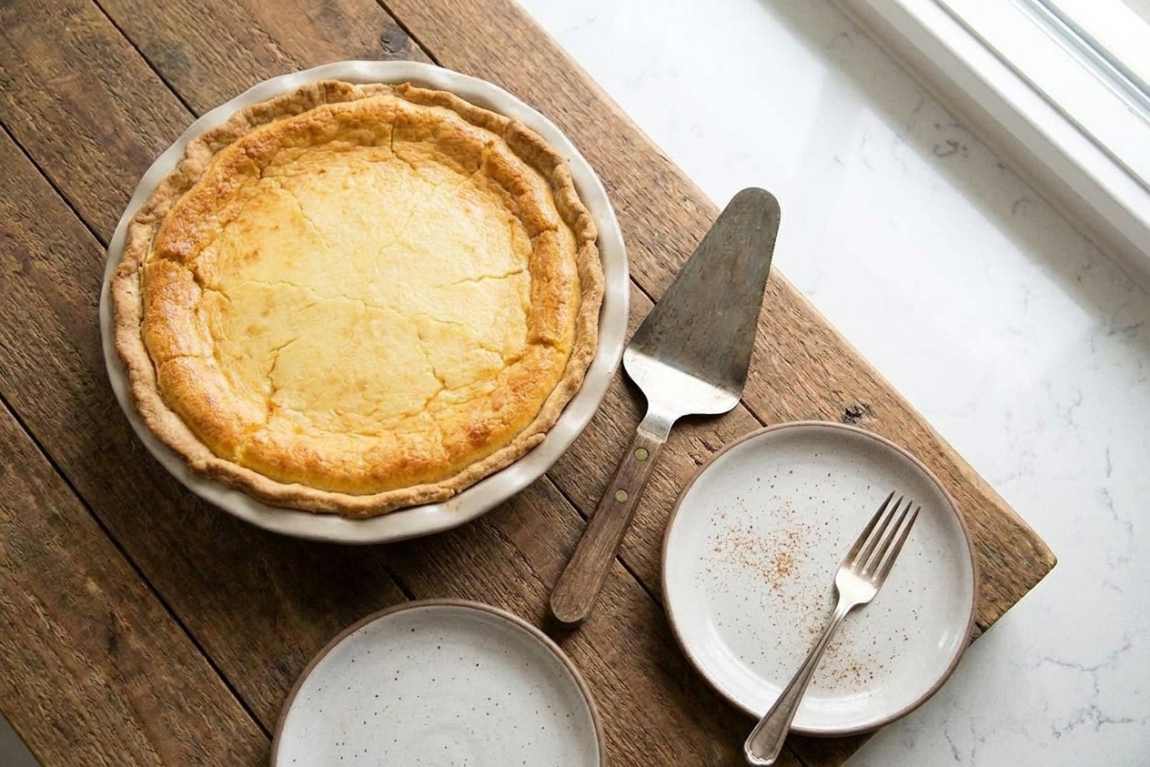 A whole egg custard pie on a wooden table with a pie server and small plates