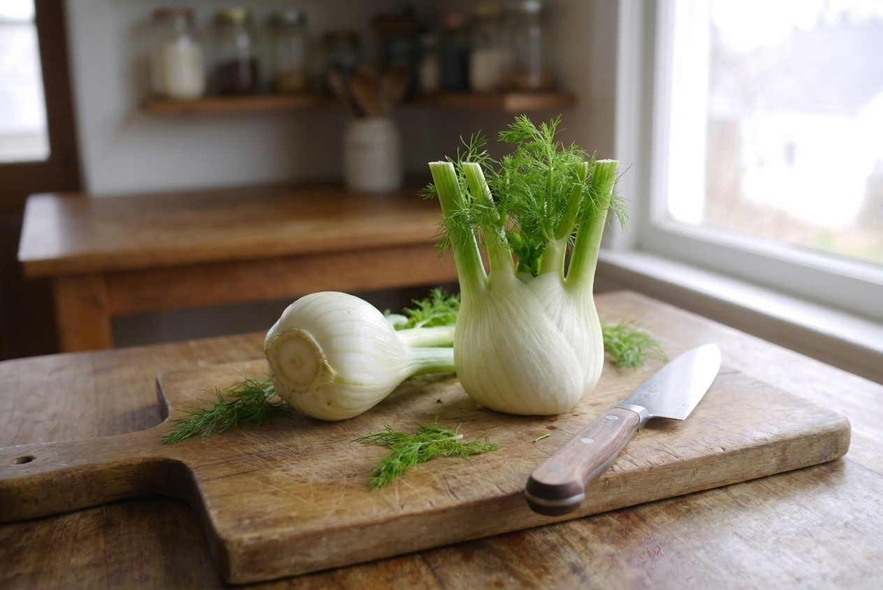 A whole fennel bulb and a trimmed fennel bulb on a wooden cutting board with a chef's knife nearby on a home kitchen counter