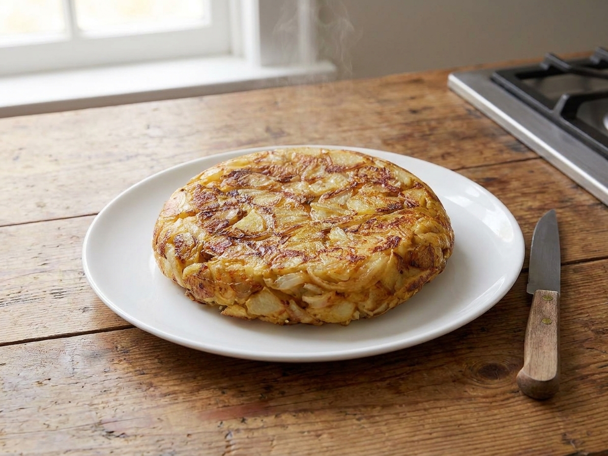 A whole golden tortilla española resting on a round plate with a knife beside it on a wooden table