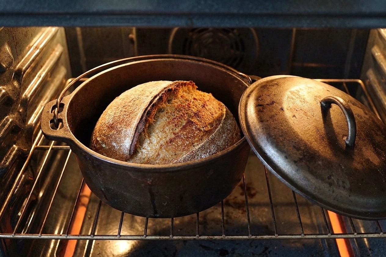 A whole grain sourdough loaf inside a preheated cast iron Dutch oven on an oven rack, lid set nearby