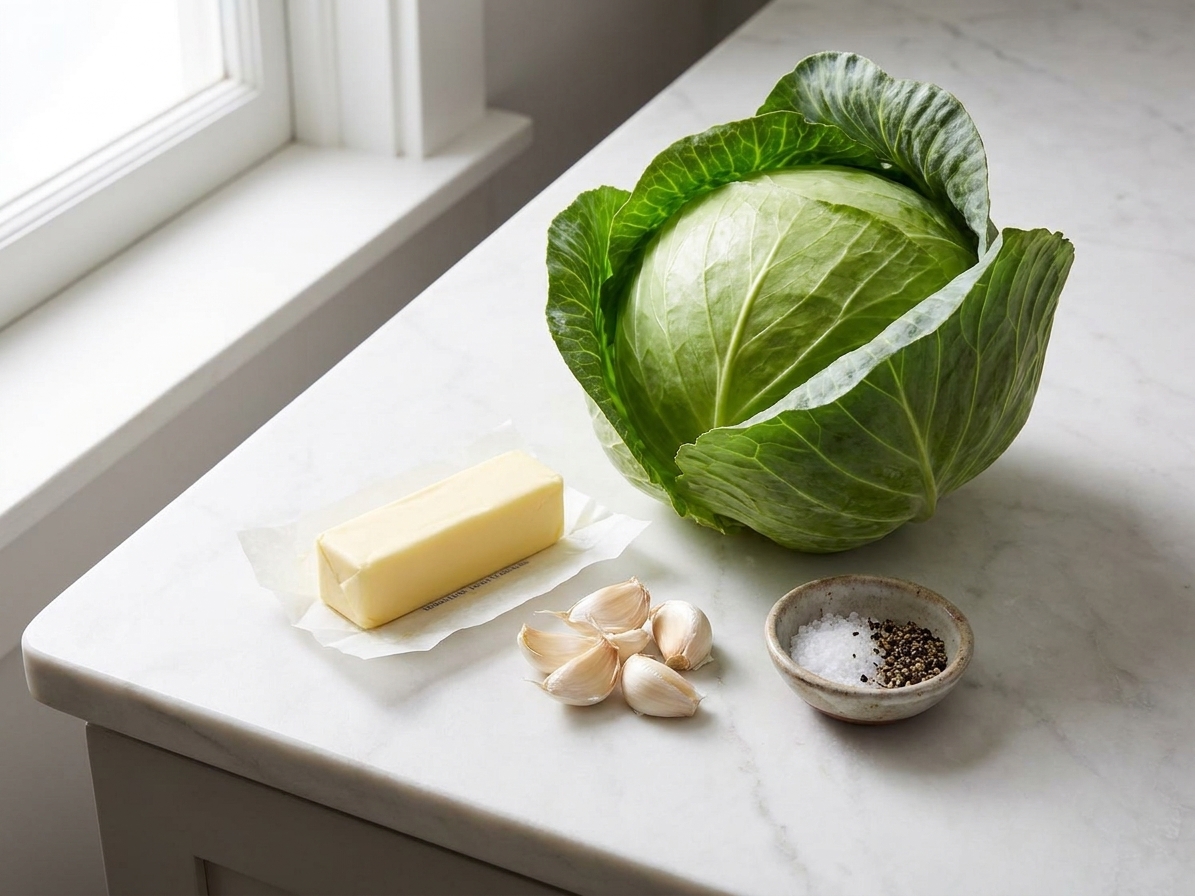 A whole green cabbage, a stick of butter, garlic cloves, and a small bowl of salt and pepper arranged on a clean kitchen counter under soft natural light