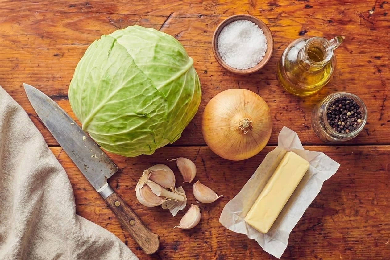 A whole green cabbage, a yellow onion, garlic cloves, butter, olive oil, salt, and black pepper arranged on a clean kitchen counter in natural light