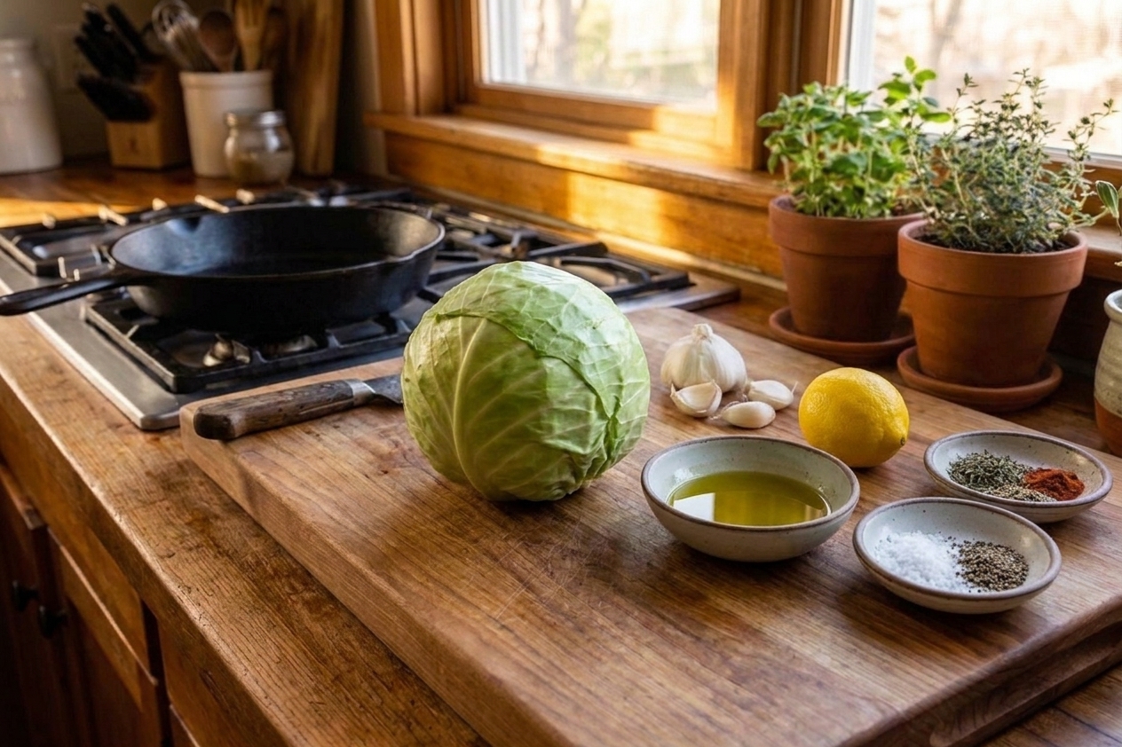 A whole green cabbage, garlic cloves, a lemon, olive oil, and small bowls of salt and pepper arranged on a clean kitchen counter in natural light