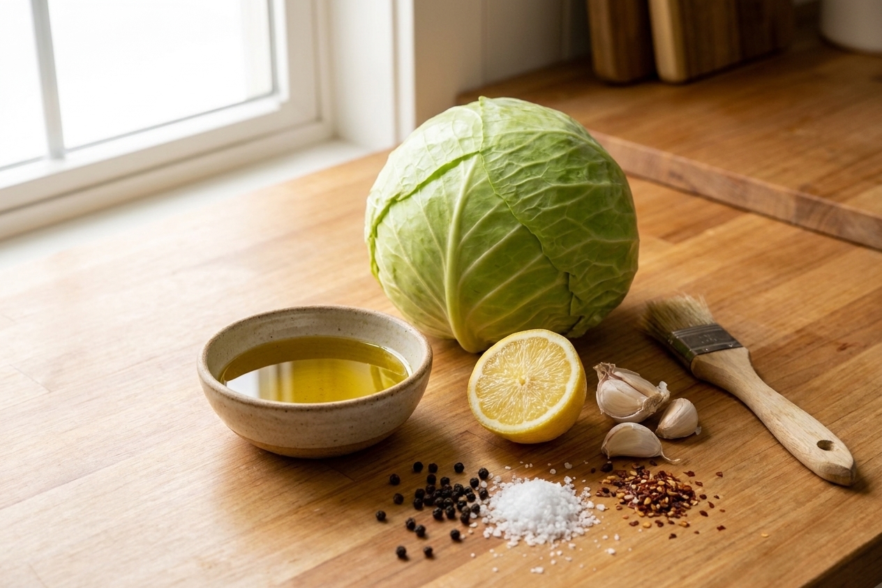 A whole green cabbage next to a small bowl of olive oil, lemon, garlic cloves, kosher salt, and spices arranged on a clean kitchen counter