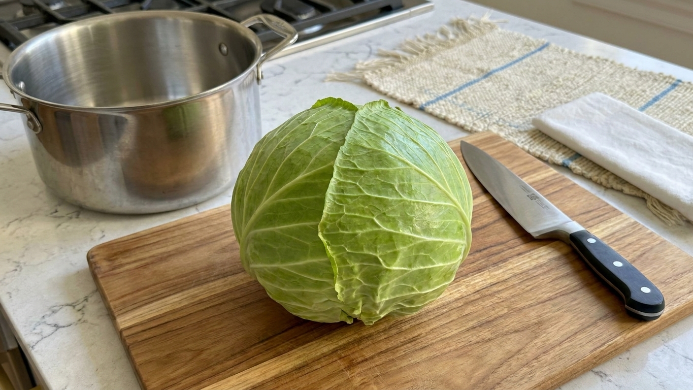 A whole green cabbage on a wooden cutting board next to a chef knife and a large pot, ready for prepping