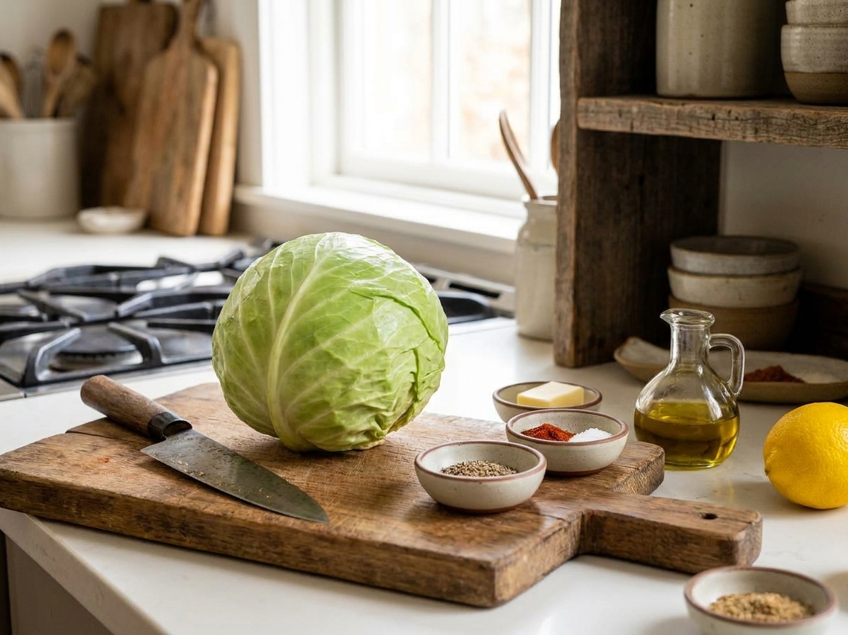 A whole green cabbage on a wooden cutting board with a chef's knife and small bowls of salt, pepper, and spices nearby on a bright kitchen counter