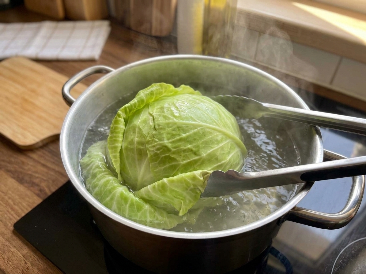 A whole green cabbage simmering in a large pot of water on a stove as outer leaves loosen, with tongs resting on the rim