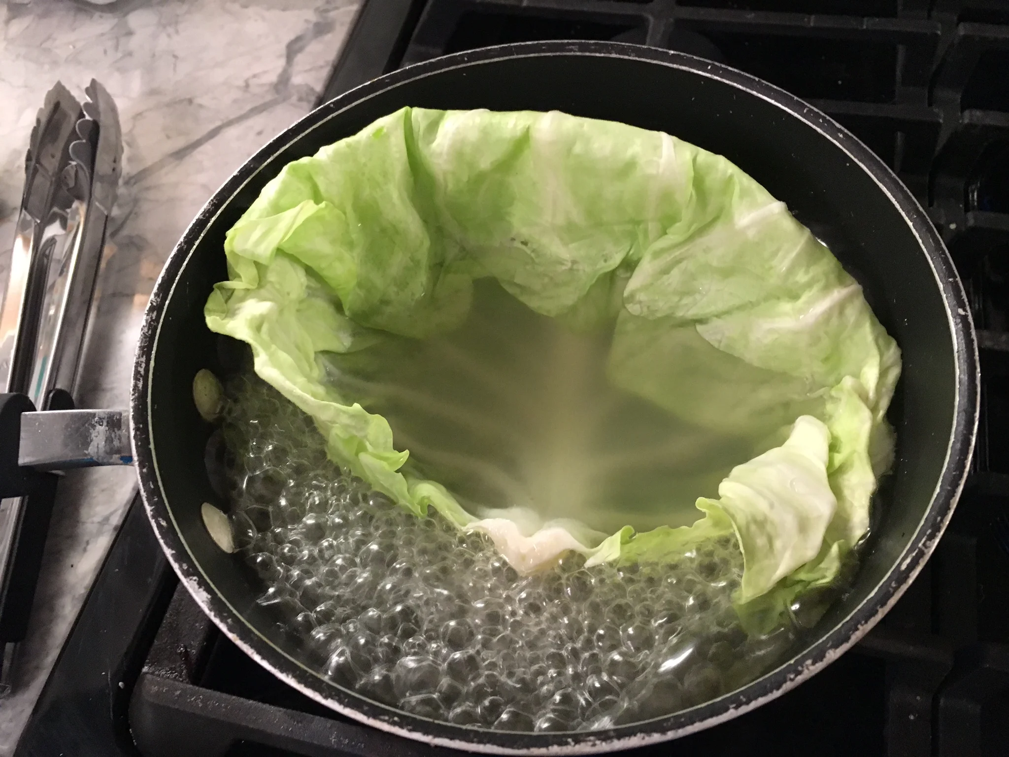A whole green cabbage sitting in a large pot of simmering water with loosened leaves being lifted gently with tongs
