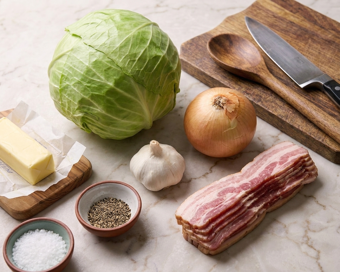 A whole green cabbage, yellow onion, garlic, bacon, butter, and small bowls of salt and pepper arranged on a kitchen counter