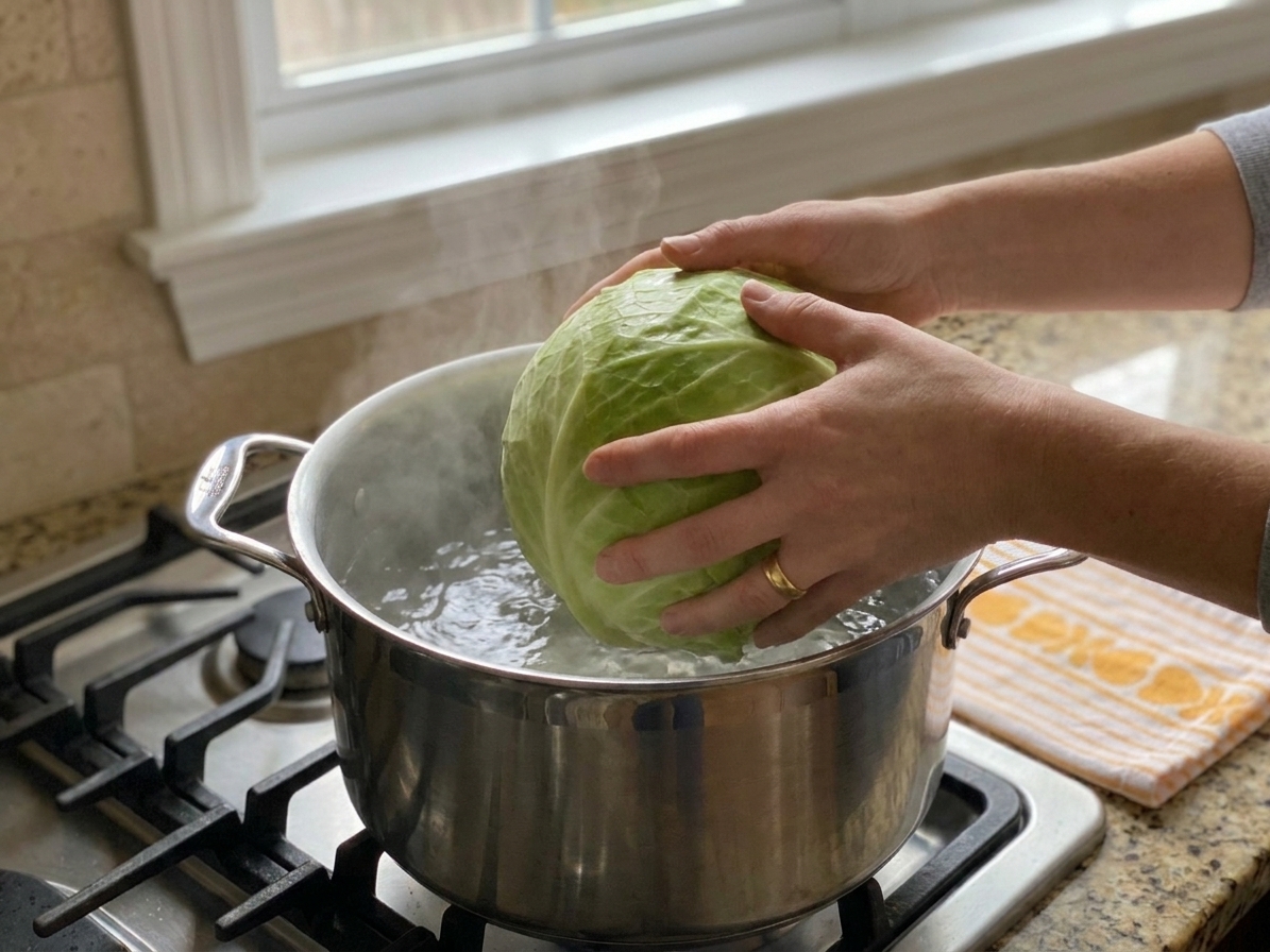 A whole head of cabbage being lowered into a large pot of gently boiling water on a stovetop